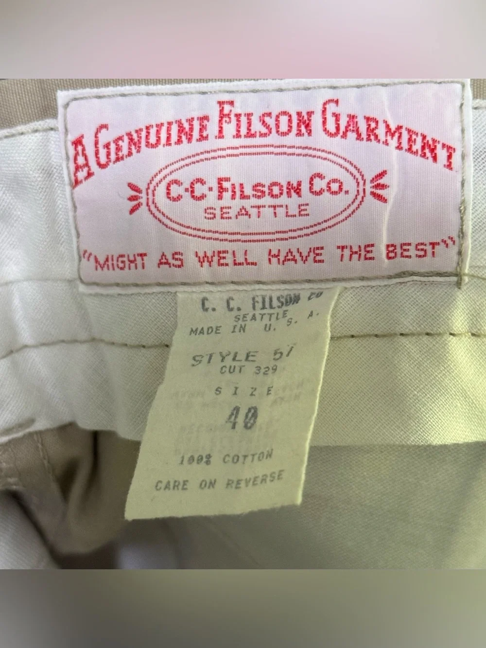 C.C. Filson Double Brush Hunt Vtg Beige Style 57 USA 90s Mens 40 x 30 Pants